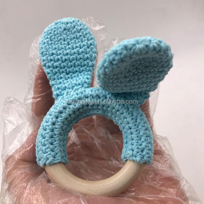 Factory custom Bunny Teethers, Crochet Teething Rings, Natural Baby Teether Wooden Ring Crocheted Bunny Ears