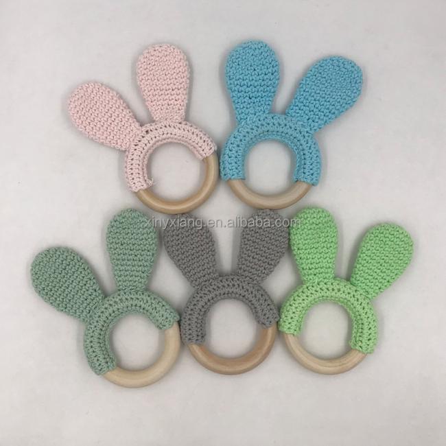 Factory custom Bunny Teethers, Crochet Teething Rings, Natural Baby Teether Wooden Ring Crocheted Bunny Ears