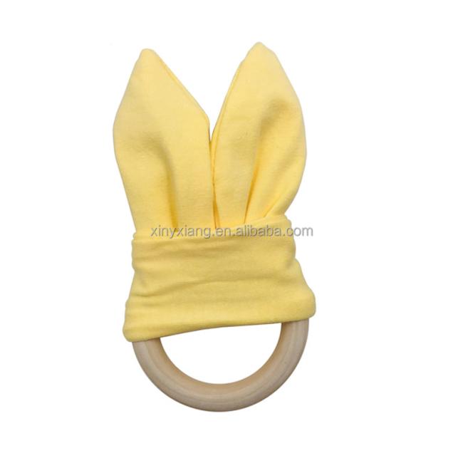 Factory custom Baby Infant Wooden Teether Adorable Bunny Teething Ring Rabbit Ear Interesting Toy Bunny Teething Ring