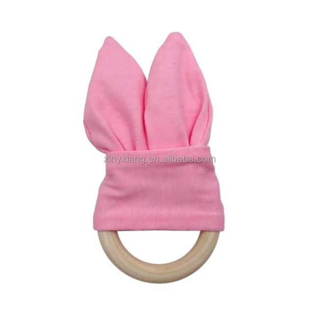 Factory custom Baby Infant Wooden Teether Adorable Bunny Teething Ring Rabbit Ear Interesting Toy Bunny Teething Ring