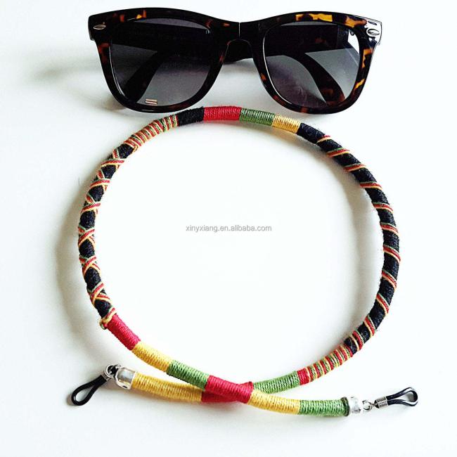 Factory Wholesale Hippie Jewelry Glasses Chain Rasta Colors Eyeglass Lanyard, Thread wrapped colors ID card lanyards holder