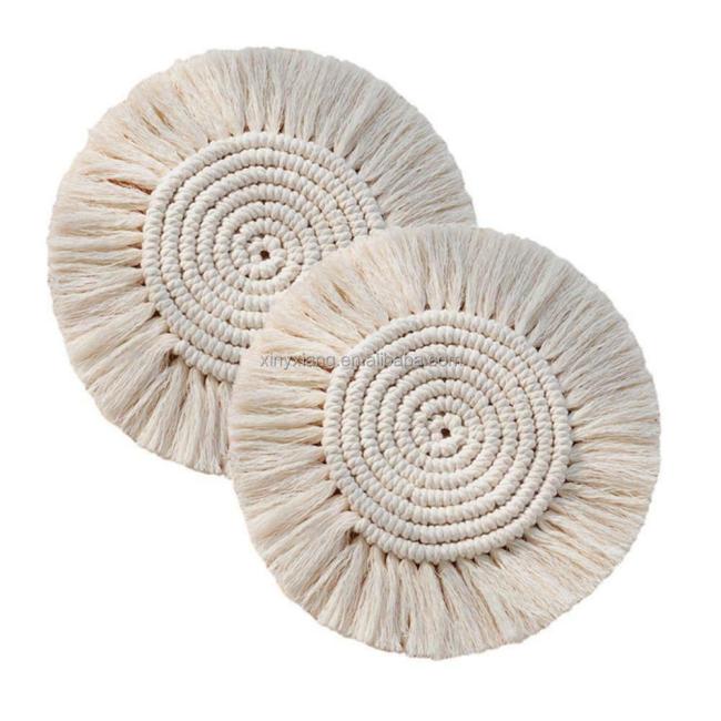 Factory Wholesale Handmade Macrame Coasters, Cotton Rope Braided Placemats, Round shape Table Decoration, Heat Resistant Cup Mat