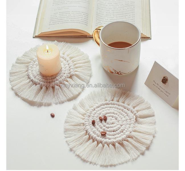 Factory Wholesale Handmade Macrame Coasters, Cotton Rope Braided Placemats, Round shape Table Decoration, Heat Resistant Cup Mat