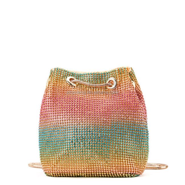 Factory Wholesale Mutilcolor Crystal Evening Bag Rhinestone Rhinestone Inlaid Flash Bucket Clutch Drawstring Bucket Shoulder Bag