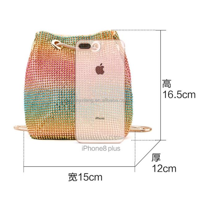 Factory Wholesale Mutilcolor Crystal Evening Bag Rhinestone Rhinestone Inlaid Flash Bucket Clutch Drawstring Bucket Shoulder Bag