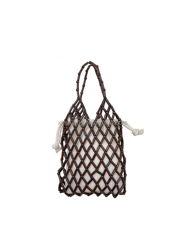 Factory Wholesale Handmade wooden Bead Bag with lining, Vintage BOHO wooden bead beaded purse shoulder bag