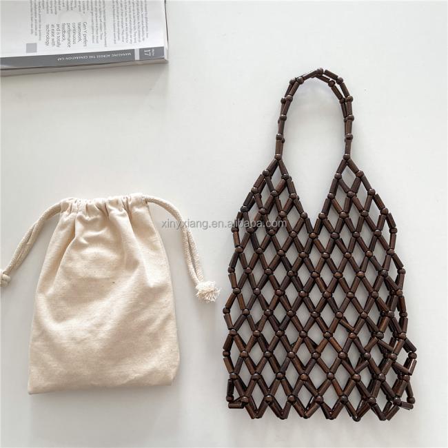 Factory Wholesale Handmade wooden Bead Bag with lining, Vintage BOHO wooden bead beaded purse shoulder bag