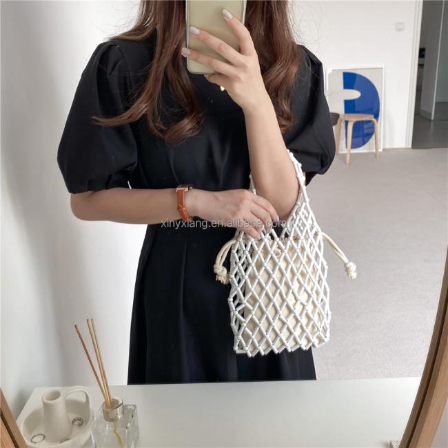 Factory Wholesale Handmade wooden Bead Bag with lining, Vintage BOHO wooden bead beaded purse shoulder bag