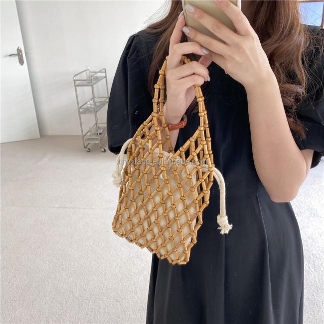 Factory Wholesale Handmade wooden Bead Bag with lining, Vintage BOHO wooden bead beaded purse shoulder bag