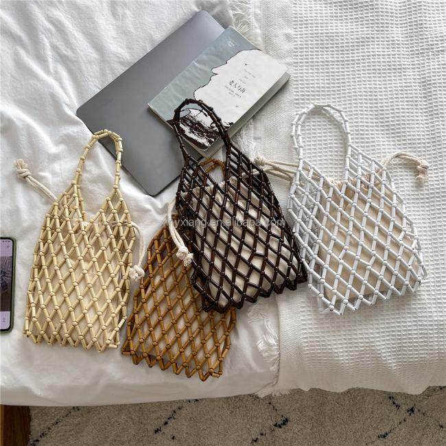 Factory Wholesale Handmade wooden Bead Bag with lining, Vintage BOHO wooden bead beaded purse shoulder bag