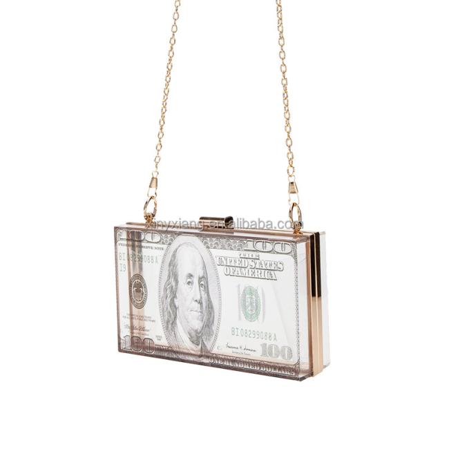 Factory Wholesale Women Dollar Money Clutch Purses Hundred Bill Acrylic Evening Bag Square Box Crossbody Shoulder