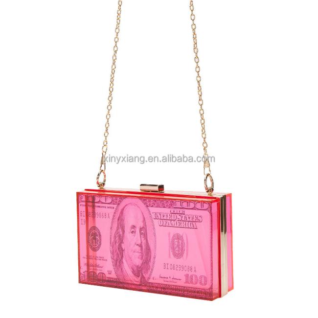 Factory Wholesale Women Dollar Money Clutch Purses Hundred Bill Acrylic Evening Bag Square Box Crossbody Shoulder