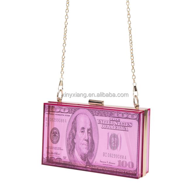 Factory Wholesale Women Dollar Money Clutch Purses Hundred Bill Acrylic Evening Bag Square Box Crossbody Shoulder