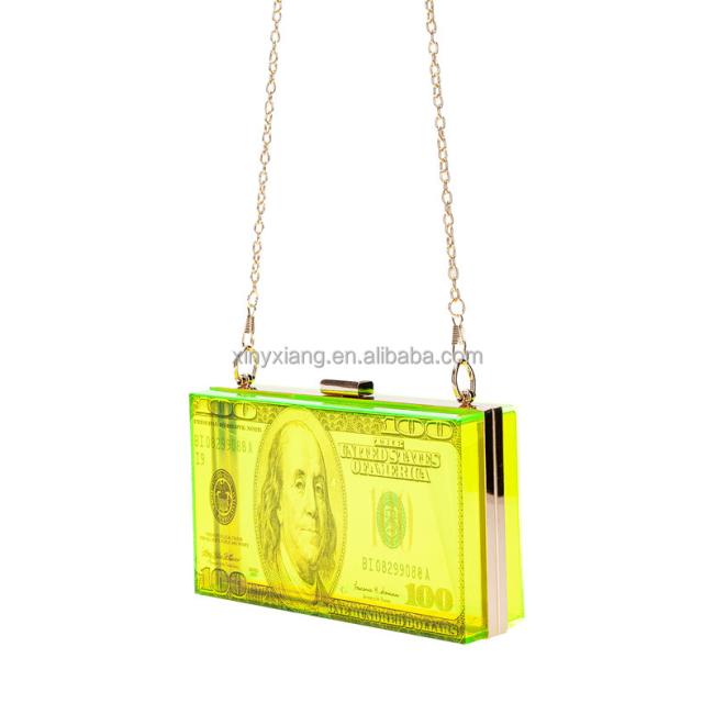 Factory Wholesale Women Dollar Money Clutch Purses Hundred Bill Acrylic Evening Bag Square Box Crossbody Shoulder