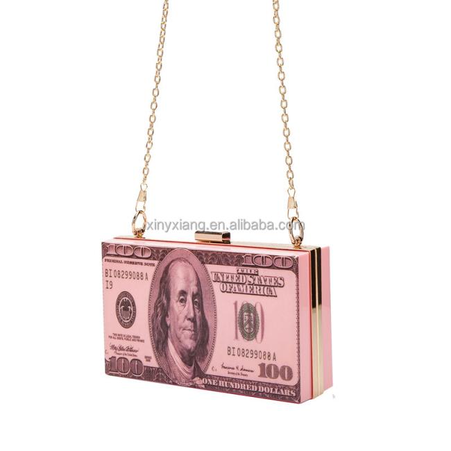 Factory Wholesale Women Dollar Money Clutch Purses Hundred Bill Acrylic Evening Bag Square Box Crossbody Shoulder