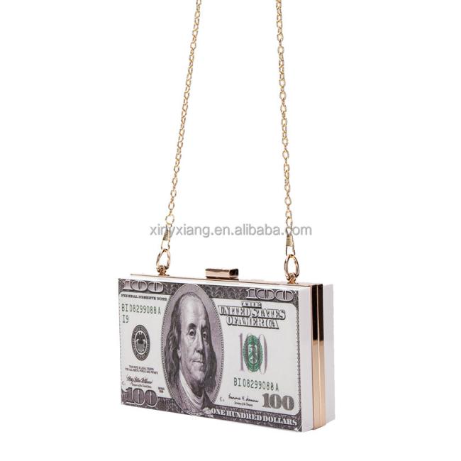 Factory Wholesale Women Dollar Money Clutch Purses Hundred Bill Acrylic Evening Bag Square Box Crossbody Shoulder