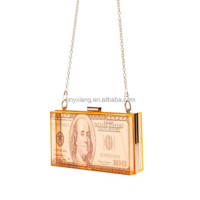 Factory Wholesale Women Dollar Money Clutch Purses Hundred Bill Acrylic Evening Bag Square Box Crossbody Shoulder