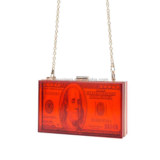 Factory Wholesale Women Dollar Money Clutch Purses Hundred Bill Acrylic Evening Bag Square Box Crossbody Shoulder
