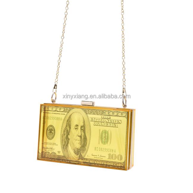 Factory Wholesale Women Dollar Money Clutch Purses Hundred Bill Acrylic Evening Bag Square Box Crossbody Shoulder