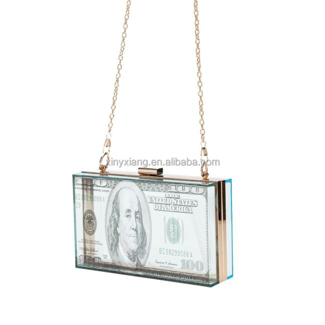 Factory Wholesale Women Dollar Money Clutch Purses Hundred Bill Acrylic Evening Bag Square Box Crossbody Shoulder
