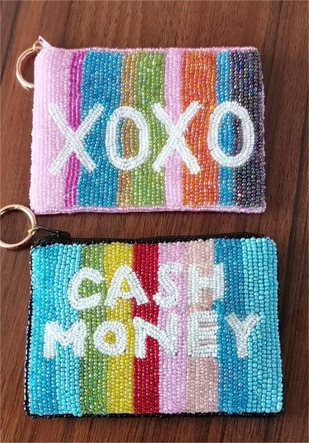 Factory custom Gold Hand Beaded Crazy Cute Cat Face Pouch, Women's Beaded Kitty Cat Coin Purse Double Sides Zip Closure
