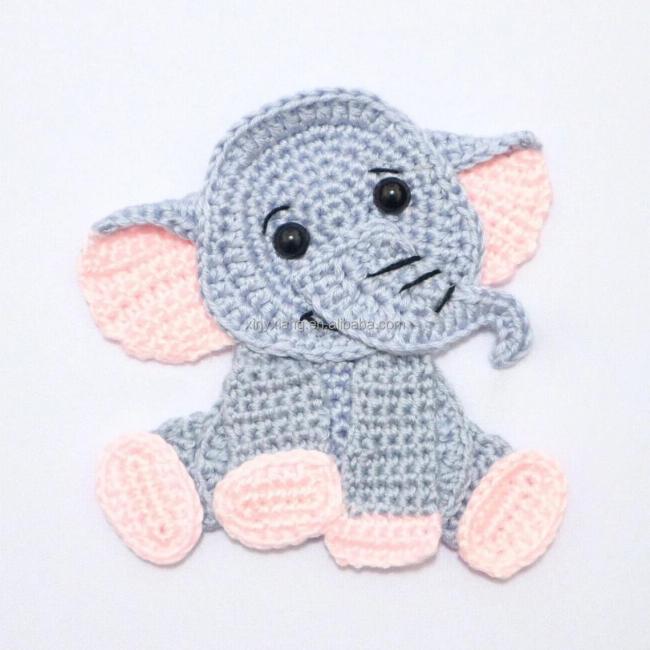 Factory Wholesale handmade crochet elephant applique/embellishment, knitted sew on patches, animal appliques