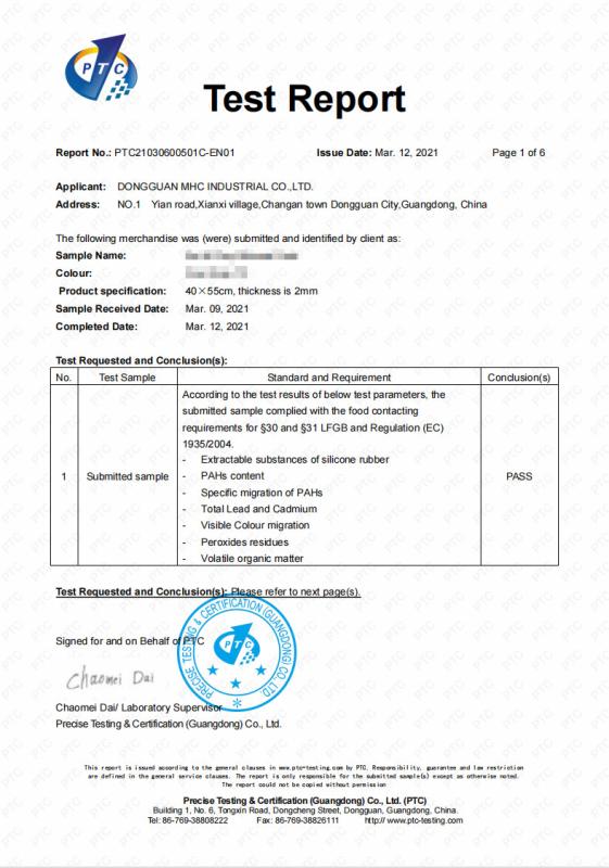 Certification Testing - Product Test Reports - Dongguan MHC Industrial Co., Ltd.