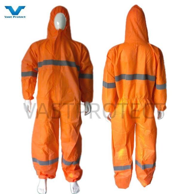 Factory Chemical Diposable PP+PE Orange Type5&6 Safety Coveralls with Reflective Tape
