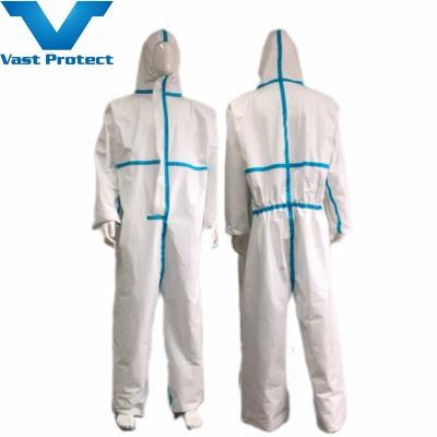 China 202 X 128cm Micro Film Fabric Coverall with Hood and Blue Tape Protective Clothing for sale