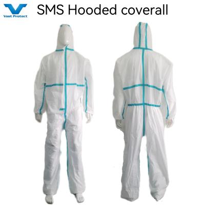 China Vestuário de proteção de tecido não tecido SMS branco estéril Vestuário de proteção de tecido não tecido PPE Vestuário de proteção de produtos químicos com logotipo personalizado à venda