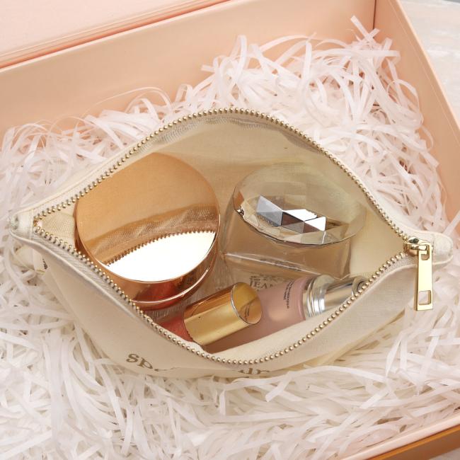 Cosmetic zipper bag interior and label detail view