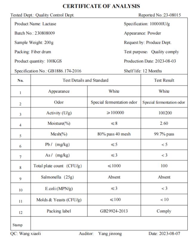 Food Grade Lactase Powder Natural Food Additives 100000 ALU/G 0
