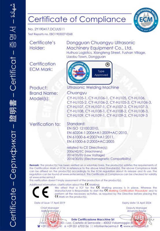 CE - Dongguan Chuangyu Ultrasonic Machinery Co.,Ltd.
