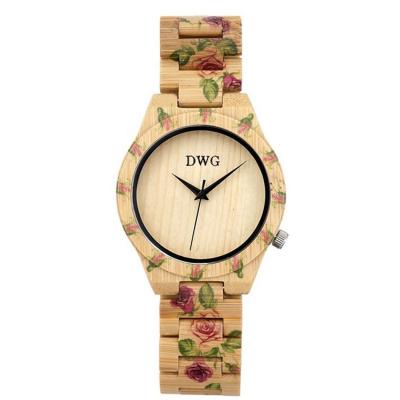 China Flower Print Design Bamboo Wood Wristwatch Water Resistant Custom Design for sale