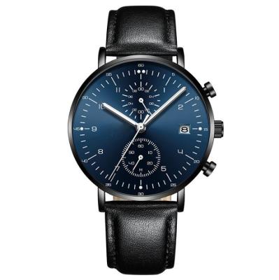 China Chronograph Function Alloy Men Quartz Wristwatch Black Genuine Leather Strap Watch for sale