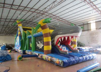 China White Shark Inflatable Obstacle Courses Silk Printing 14 X 4m With Palm Trees for sale