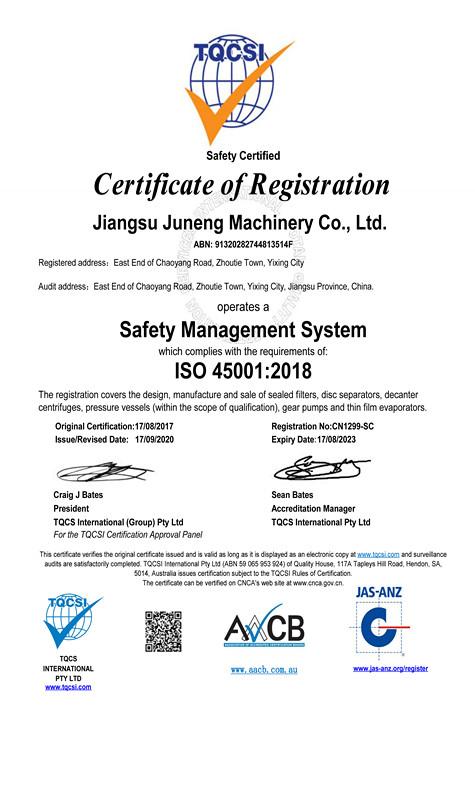 ISO 45001 :2018 - JUNENG MACHINERY (CHINA) CO., LTD.