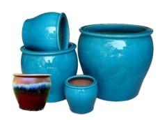 China Glazed 43x39cm Ceramic Outdoor Pot , Blue Ceramic Outdoor Plant Pots for sale