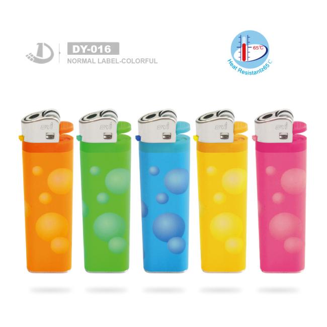 Dy-016 Normal Custom Made Stickers Label Colorful Refillable Flint Gas Lighter with ISO9994 Certificate