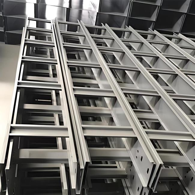 Close-up view of galvanized ladder cable tray construction