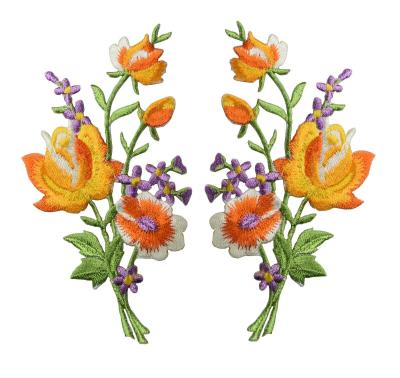 China Merrowed Border Embroidery Iron On Applique Patch 2Pcs Orange Rose Flower for sale