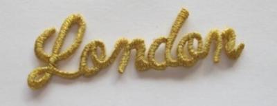 China Gold Word LONDON Embroidered Applique Patches Iron On Backing Sustainable for sale