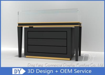 China Black Commercial Gold Shop Glass Counter with MDF Wood + Tempered Glass + Lights for sale