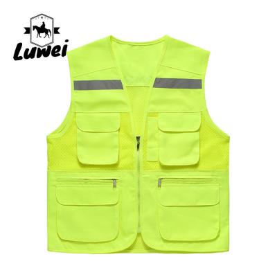 China Custom Logo Thin Multiple-pockets Waistcoats Utility Reflectives Strip Road Volunteer Work Clothes Reflective Safety Vest for sale