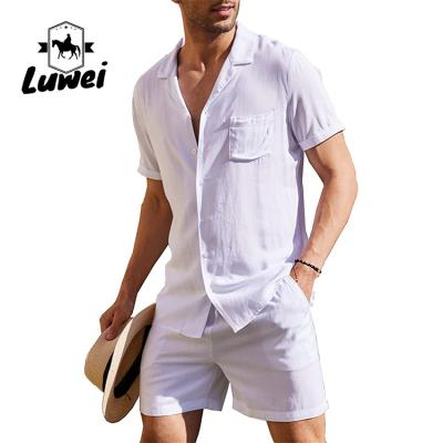 China Summer Men Shorts Set Plain Flax Cotton Breathable Solid Color Two Piece Suit for sale