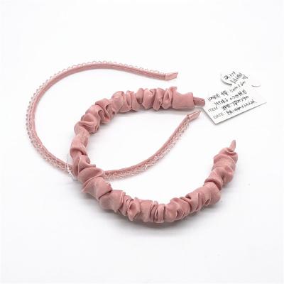 China Kids Satin Fabric Hair Band Pink Beads Pleated Crumpled Pink Color for sale