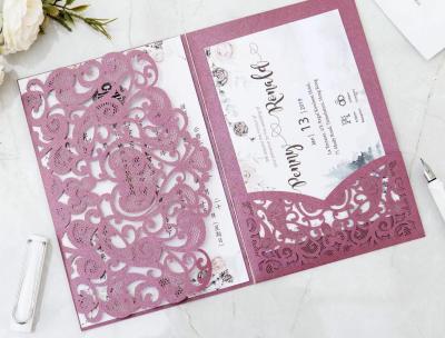 China Pink Art Paper Laser Cut Wedding Cards With Ribbon For Wedding Party for sale