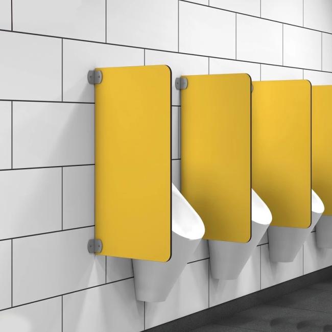 Close-up view of urinal partition material
