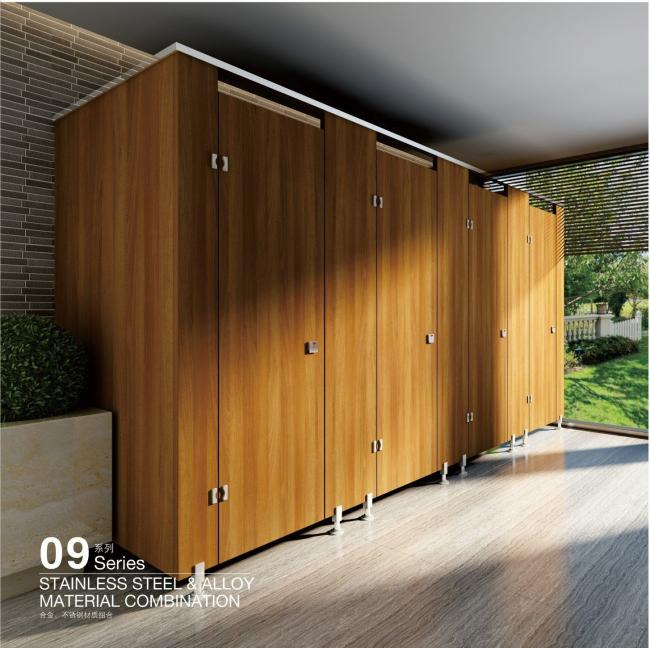 Close-up of HPL toilet partition surface