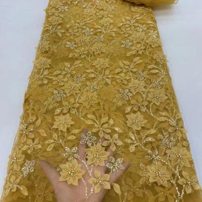 China Supoo plain color 3D Applique flowers lace embroidery with beads  Ghana lace fabric wedding dress for party for sale